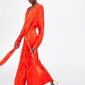 Zara Jacquard Tie Waist Long Dress XS NWT Floral Orange/ Red